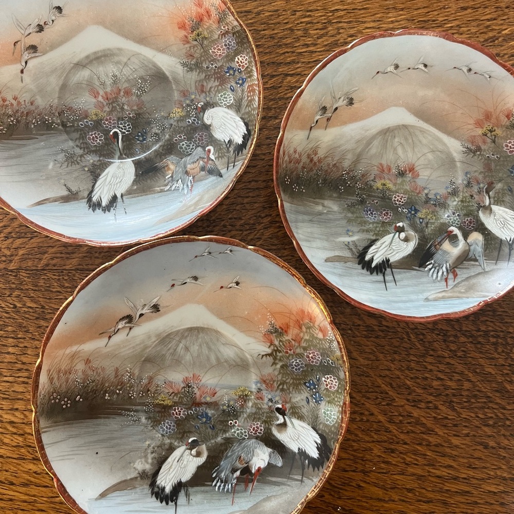 Set of 3 Antique Japanese Yokohama Kutani porcelain saucers crafted by Nakamura